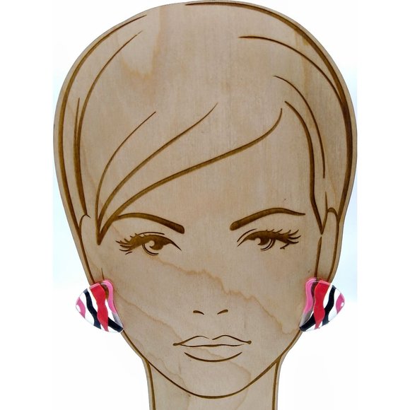 Retro Fab Lucite Striped Earrings, Clear Vintage Studs with Hot Pink and Black - Picture 3 of 4